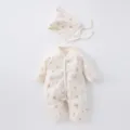 Cute floral waffle knit baby romper and matching hat, soft long sleeve infant jumpsuit set. - 80cm / Apricot