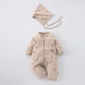 Cute infant baby waffle knit long sleeve romper and matching bonnet hat clothing set - 73cm / Khaki