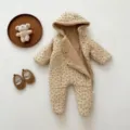 Cozy baby winter hooded jumpsuit with warm fleece lining and cute floral print for toddlers. - 80cm / Apricot