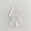 Conjunto de verano de algodón para niñas con bordado de corazones y lindos botones. - 66cm / Parte Superior e Inferior / Blanco