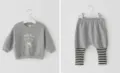 Detail view of toddler grey sweatshirt and harem pants set with cute bear print and striped cuffs. - 66cm / Top And Bottom / Gray