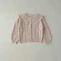 Toddler baby girl knit cardigan with cute doll collar, soft cotton yarn long sleeve top. - 66cm / Tops / Apricot
