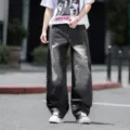 Ανδρικό μαύρο φαρδύ τζιν παντελόνι streetwear με στρας και τρουκς μοντέρνο στυλ. - S / Bottoms / Μαύρο και Γκρι