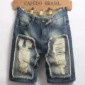 Vintage distressed denim σορτς για άνδρες, φαρδιά σκισμένα τζιν με μπαλώματα. - 28 / Bottoms / Ξεβαμμένο Μπλε (TY792#)