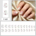 Detailed view of short square press-on nails featuring cute red hearts on a translucent base. - Glue Type / 24 Pcs/Set / Milky White Translucent Base Red Hearts (Y-651)
