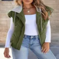 Women quilted hooded vest casual sleeveless outerwear with drawstring and white long sleeve tops - S / Tops / Army Green