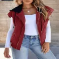 Detailed view of women's colorblock hooded quilted vest, casual sleeveless outerwear for autumn. - S / Tops / Burgundy