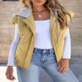 Women casual colorblock sleeveless hooded puffer vest autumn zip up outerwear streetwear - Yellow