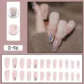 Glossy nude pink press-on nails with silver glitter lines and crystal rhinestones. - Long Coffin Nude Pink Glitter Silver Line Rhinestone Style (D-96) / 24 Pcs/Set
