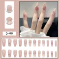 Long coffin press on nails nude pink pearl rhinestone grid cute fake nail art tips - Nude Pink Artificial Pearl & Plaid Rhinestone Style (D-99) / 24 Pcs/Set