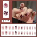 Press-on false nails with burgundy rose and butterfly design, sweet style fake nail set. - Wine Red 3D Rose Butterfly Gradient Glitter Style (D-117) / 24 Pcs/Set