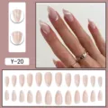 Closeup of nude almond press-on nails with white abstract swirl lines and full set display. - Nude Base White Streamline French Almond Nail Style (Y-20) / Glue Type / Nude
