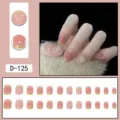 Cute peach press-on nails short square removable false nail set for sweet daily wear style. - 3D Peach French Yellow Edge Style (D-125) / 24 Pcs/Set