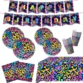 Bunte Regenbogen Leopardenmuster Einweg Party Geschirr Set für die Geburtstagsfeier Deko. - 6-teiliges Set - Neon-Leopard