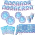 Eiskristall Schloss Geburtstag Party Geschirr Pappteller Becher Banner Deko Set - 6-teiliges Set (Blaue Schneeflocke) / 10 7-Zoll-Teller + 10 9-Zoll-Teller + 10 Tassen + 20 Servietten + 1 Tischdecke + 1 Banner