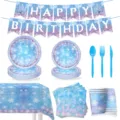 Eiskönigin Schloss Geburtstag Party Geschirr Set mit Papptellern, Bechern und Wimpel. - 10 7-Zoll-Teller + 10 9-Zoll-Teller + 10 Tassen + 20 Servietten + 1 Tischdecke + 1 Banner + 1 Messer/Gabeln/Löffel