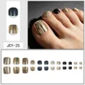 Summer black lines gold glitter press on toenails fake toe nail tips set full cover - Glue Type / 24 Pcs/Set / Black Gold Zebra (JCY-25)