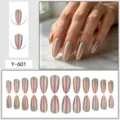 Aurora mirror powder almond press-on nails detail view showing glossy gradient fake nail patches. - Glue Type / 24 Pcs/Set / Auroral Magic Mirror Powder (Y-601)