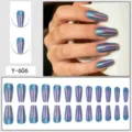Holographic electroplated medium coffin false nails, trendy detachable press on nails set. - Jelly Glue Type / 24 Pcs/Set / Iridescent Electroplated (Y-606)