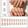 Short ballerina press-on nails nude solid color fake nail set with hand model display details. - Glue Type / 24 Pcs/Set / Nude (Y-625)