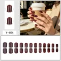 Wine red solid color press on nails set, high-end glossy fake nail tips for women. - Glue Type / 24 Pcs/Set / Solid Wine Red (Y-604)