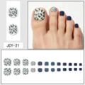 Detailed view of sweet and cool retro leopard print press-on toe nails set of 24 pieces. - Glue Type / 24 Pcs/Set / Leopard & Dark Blue Patchwork (JCY-21)