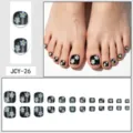 Press-on toenails black square short glossy fake toenails with white flower pattern set of 24 - Glue Type / 24 Pcs/Set / Black Small Flower Style (JCY-26)