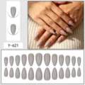 Detailed view of glossy silver grey almond press-on fake nails showing fine finish and shape. - Glue Type / 24 Pcs/Set / Silver Gray (Y-621)