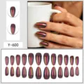 Detailed close-up showing cyber style aurora mirror press-on nails with stunning gradient stripes. - Glue Type / 24 Pcs/Set / Auroral Iridescent Mirror (Y-600)