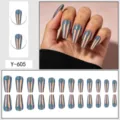 Glossy long coffin press-on nails with aurora electroplated chrome finish, 24pcs set. - Glue Type / 24 Pcs/Set / Iridescent Silver Gray Aurora (Y-605)