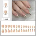 Short almond press-on nails with elegant gold lines and white French design for women. - Glue Type / 24 Pcs/Set / Gold White Geometric Lines French Edge (Y-648)