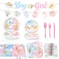 Suesse Teddybaer Geschlecht Enthuellung Party Zubehoer Geschirr Teller Becher Servietten - Teddybär Gender Reveal Stil / 9-teiliges Set (7-Zoll-Teller x10, 9-Zoll-Teller x10, Servietten x20, Becher x10, Tischdecke x1, Banner x1, Besteck-Set x30)