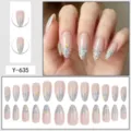 Almond press-on nails detail showcase with colorful small floral design and clear nude base. - Glue Type / 24 Pcs/Set / Nude Base Colorful Small Flowers (Y-635)
