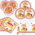 Cartoon Burger Fastfood Geburtstag Party Geschirr Set mit Pappteller Serviette und Tischdecke - Vierteiliges Set (7-Zoll Teller 10 + 9-Zoll Teller 10 + Servierte 20 + Tischdecke 1) - Burger