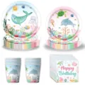 Meer Tiere Geburtstag Party Pappteller Becher Servietten Set fuer Kinder Deko Feier - 4-teiliges Set (7-Zoll-Teller + 9-Zoll-Teller + Becher + Serviette) / 50 Stück