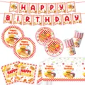 Cartoon Burger Pommes Geburtstag Party Geschirr Set Teller Becher Banner Tischtuch Dekoration - Sechsteiliges Set (7-Zoll Teller 10 + 9-Zoll Teller 10 + Servierte 20 + Becher 10 + Tischdecke 1 + Banner 1) - Burger