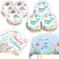 Ozean Tiere Geburtstag Party Geschirr Set mit Pappteller Serviette und Tischdecke fur Kinder. - Vierteiliges Set (7 Zoll Teller + 9 Zoll Teller + Serviette + Tischdecke) / 41 Stück/Packung