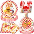 Cartoon Burger Pommes Geburtstag Party Geschirr Set mit Teller, Bechern und Servietten. - Siebenteiliges Set (7-Zoll Teller 10 + 9-Zoll Teller 10 + Servierte 20 + Becher 10 + Besteck 30) - Burger