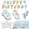 Ozean Tiere Geburtstag Party Geschirr Set, süße Aquarell Teller Becher Tischdecke. - 六件套(7寸盘+9寸盘+纸杯+纸巾+桌布+拉旗) / 52 Stück/Packung