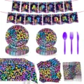 Bunter Neon-Leopardenmuster Party-Set Geburtstag Banner Pappteller Becher Tischdecke Dekor - 9-teiliges Set - Neon-Leopard