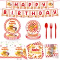 Cartoon Burger Pommes Geburtstag Party Geschirr Set Teller Becher Servietten Deko. - Neunteiliges Set (7-Zoll Teller 10 + 9-Zoll Teller 10 + Servierte 20 + Becher 10 + Tischdecke 1 + Banner 1 + Besteck 30) - Burger