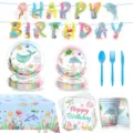Ozean Tiere Geburtstag Party Geschirr Set mit Pappteller, Bechern, Tischdecke und Banner. - 九件套(7寸盘+9寸盘+纸杯+纸巾+桌布+拉旗+刀叉勺)