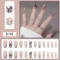 Press on nails long coffin french silver glitter bow fake nail set reusable acrylic false nails - Long Coffin Silver French Bowknot Pearl Style (D-94) / 24 Pcs/Set