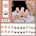 Sweet press-on fake nails with elegant black french tips, pearls and cute bows. - Black and White Classic French Pearl Bowknot Style (D-133) / 24 Pcs/Set