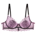 Detailed view of elegant purple floral lace bra featuring contrasting black straps and bow. - 70B / Tops / Purple