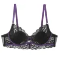 Sexy black lace bra with purple straps and trim, ultra-thin, comfortable daily undergarment. - 70B / Tops / Black