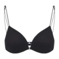 Gedetailleerd uitzicht op de zwarte beugelloze bralette met voorsluiting en fijne bandjes. - 70B / Tops / Zwart