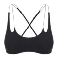 Detail view of a sexy black wireless bralette featuring chic cross thin straps and back design. - Black
