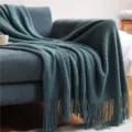 Knitted pineapple grid throw blanket for sofa, cozy decorative tassel blanket, dark green color. - 127*152+10*2cm Fringes - 580g / Pineapple Warp Knit - Morandi Blue