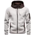 Men's thick fleece zip-up hoodie featuring contrast suede panels, hood, and convenient zipper pockets. - S / Tops / Light Apricot